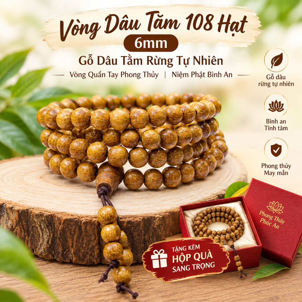 Vòng Dâu Tằm 108 Hạt 6mm – Gỗ Dâu Tằm Rừng Tự Nhiên, Vòng Quấn Tay Phong Thủy, Niệm Phật Bình An